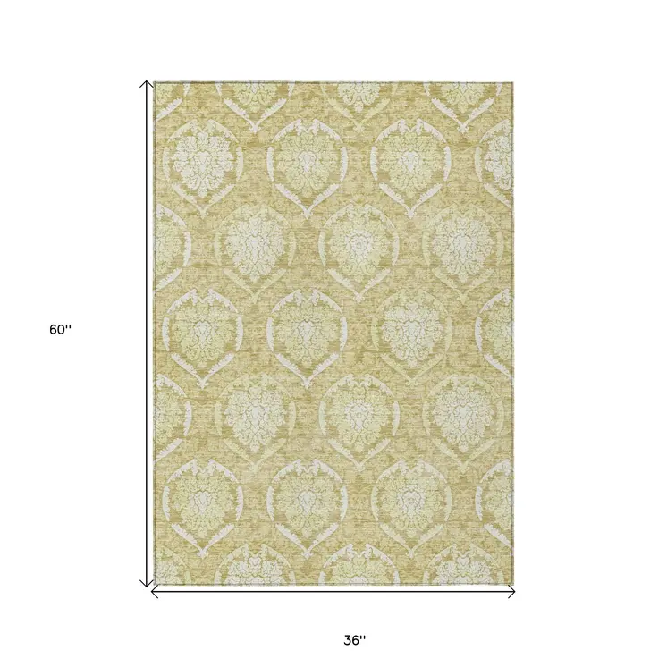 3' X 5' Gold Wheat And Ivory Medallion Washable Indoor Outdoor Area Rug