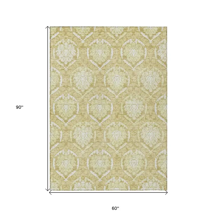 5' X 8' Gold Wheat And Ivory Medallion Washable Indoor Outdoor Area Rug