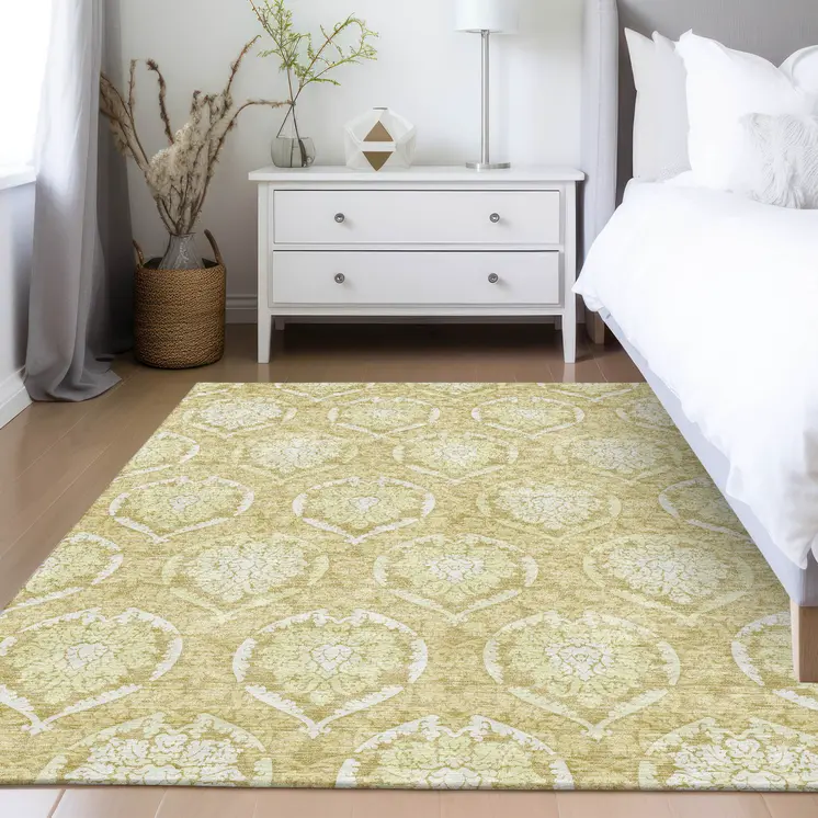 5' X 8' Gold Wheat And Ivory Medallion Washable Indoor Outdoor Area Rug