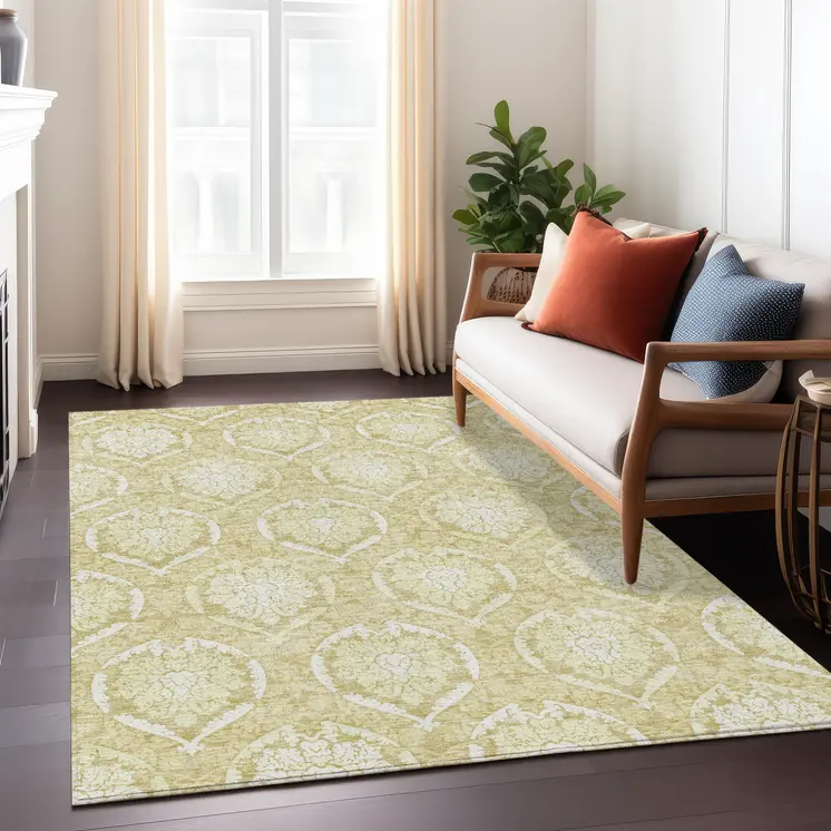 5' X 8' Gold Wheat And Ivory Medallion Washable Indoor Outdoor Area Rug