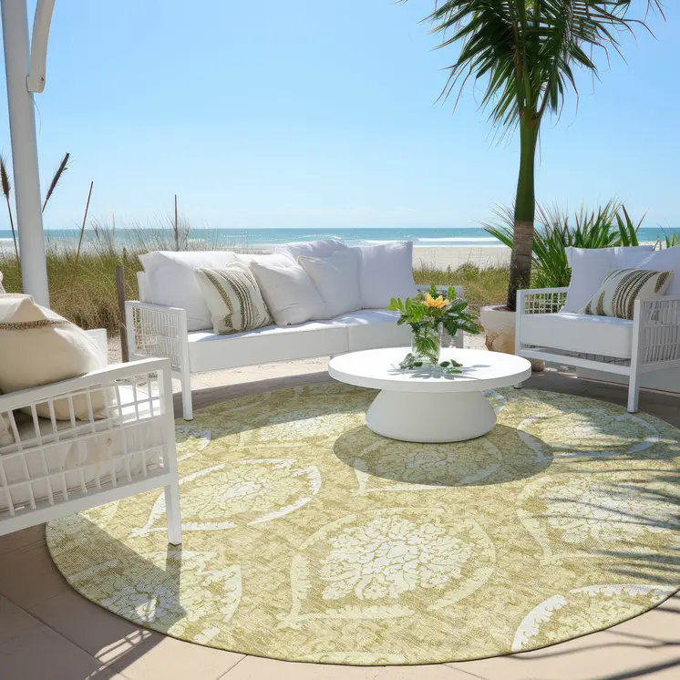 8' Gold Wheat And Ivory Round Medallion Washable Indoor Outdoor Area Rug