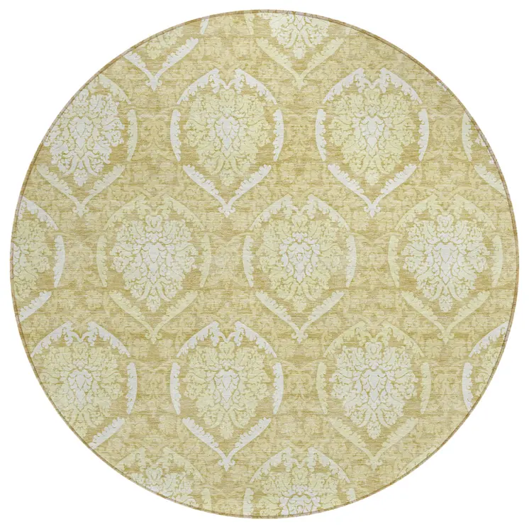 8' Gold Wheat And Ivory Round Medallion Washable Indoor Outdoor Area Rug