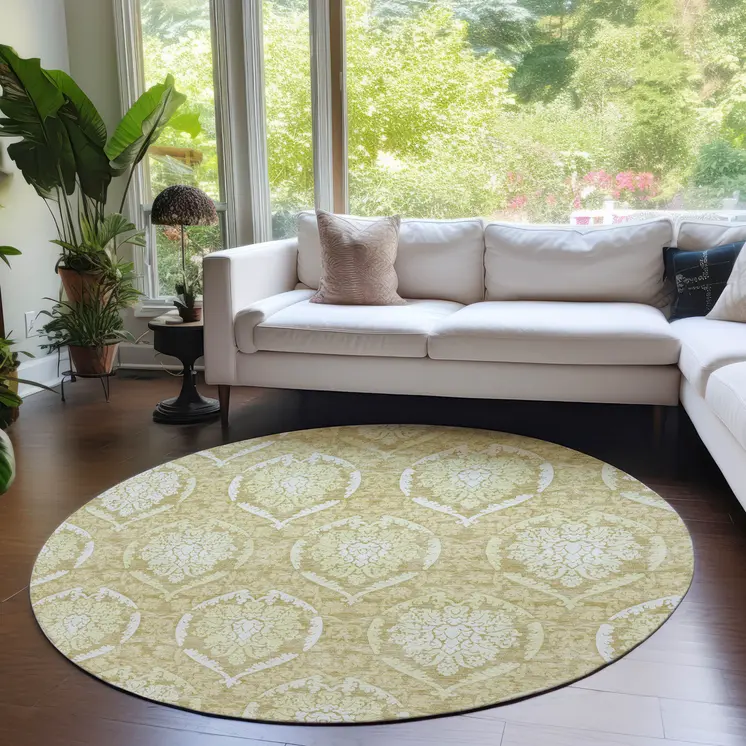 8' Gold Wheat And Ivory Round Medallion Washable Indoor Outdoor Area Rug