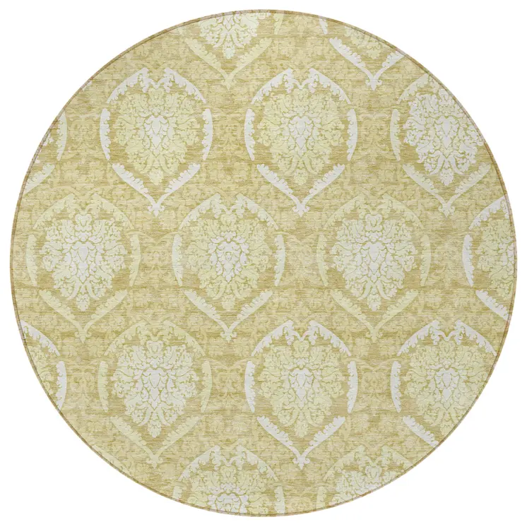 8' Gold Wheat And Ivory Round Medallion Washable Indoor Outdoor Area Rug