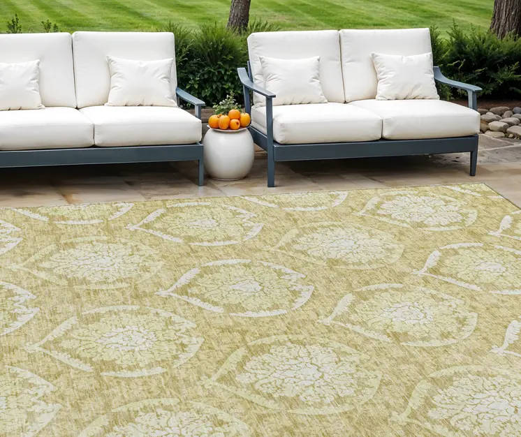 8' X 10' Gold Wheat And Ivory Medallion Washable Indoor Outdoor Area Rug