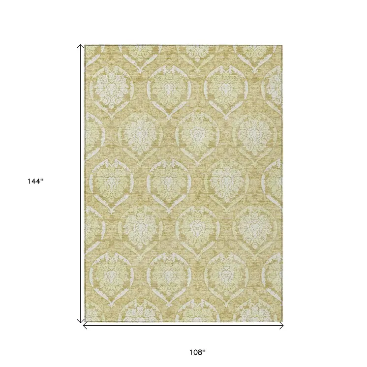 9' X 12' Gold Wheat And Ivory Medallion Washable Indoor Outdoor Area Rug