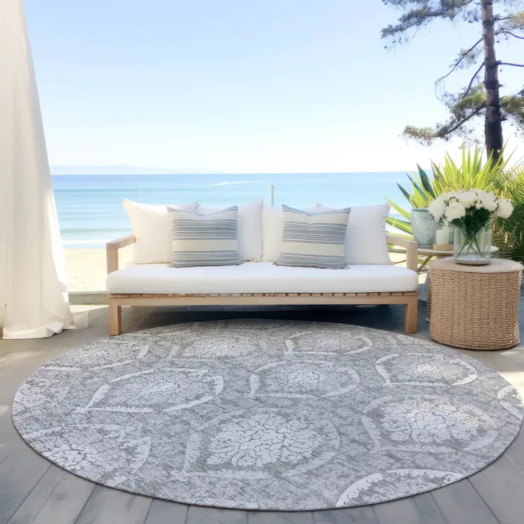 8' Gray And Silver Round Medallion Washable Indoor Outdoor Area Rug