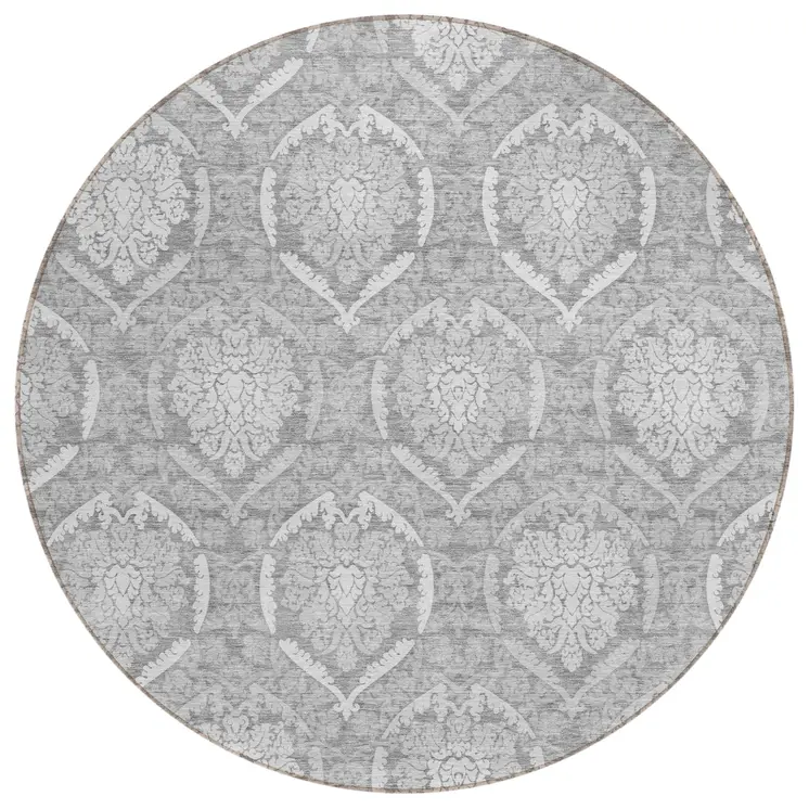 8' Gray And Silver Round Medallion Washable Indoor Outdoor Area Rug