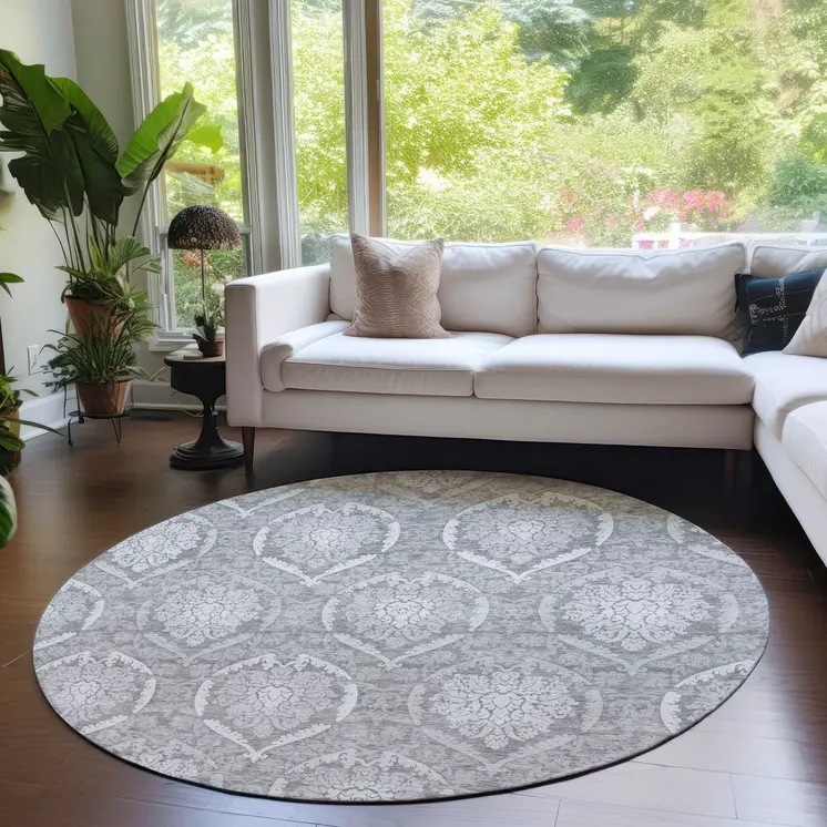 8' Gray And Silver Round Medallion Washable Indoor Outdoor Area Rug