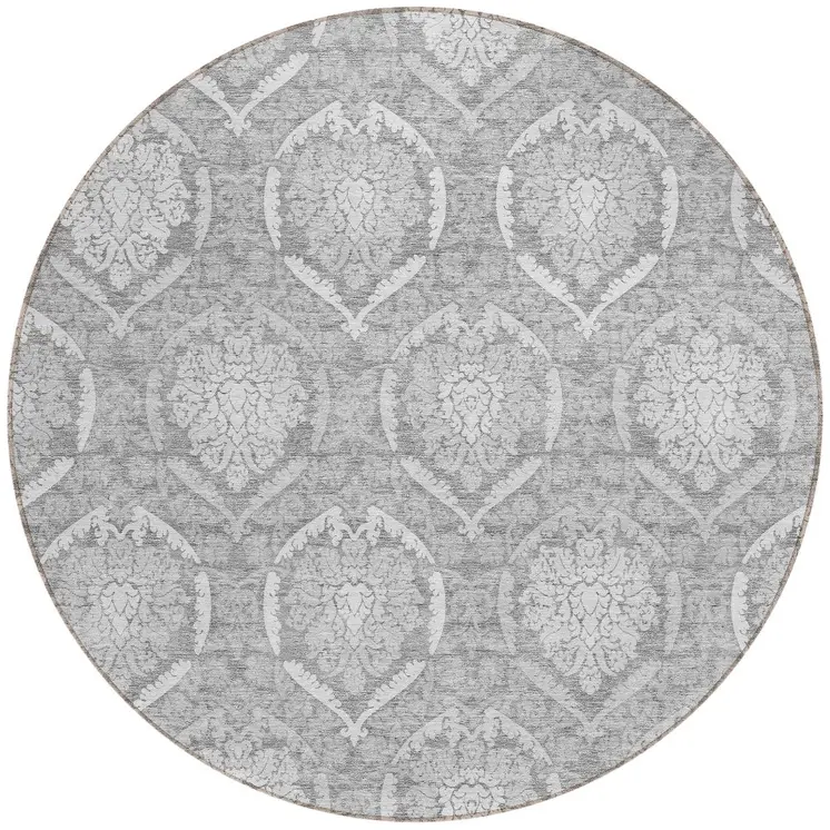 8' Gray And Silver Round Medallion Washable Indoor Outdoor Area Rug