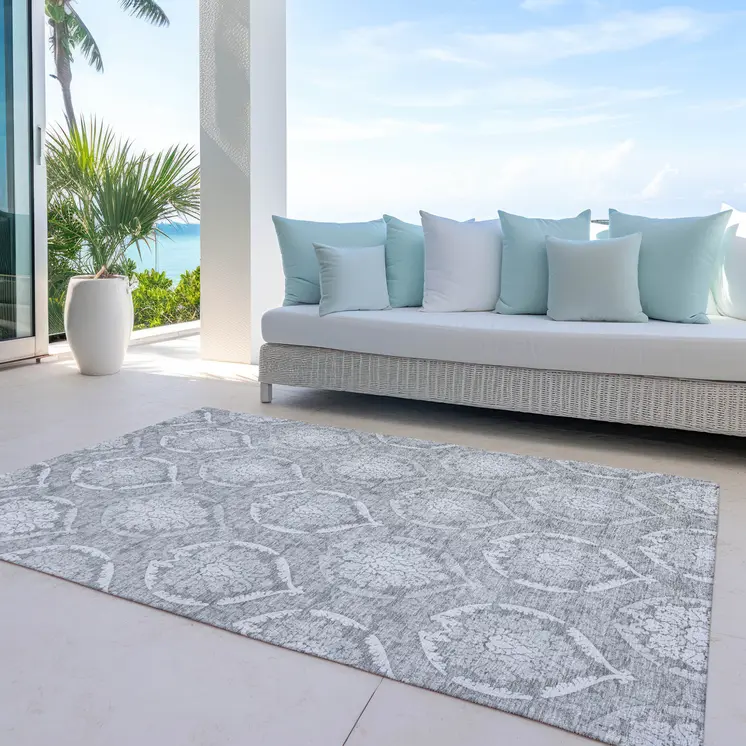 10' X 14' Gray And Silver Medallion Washable Indoor Outdoor Area Rug