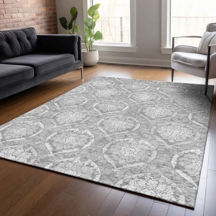 10' X 14' Gray And Silver Medallion Washable Indoor Outdoor Area Rug