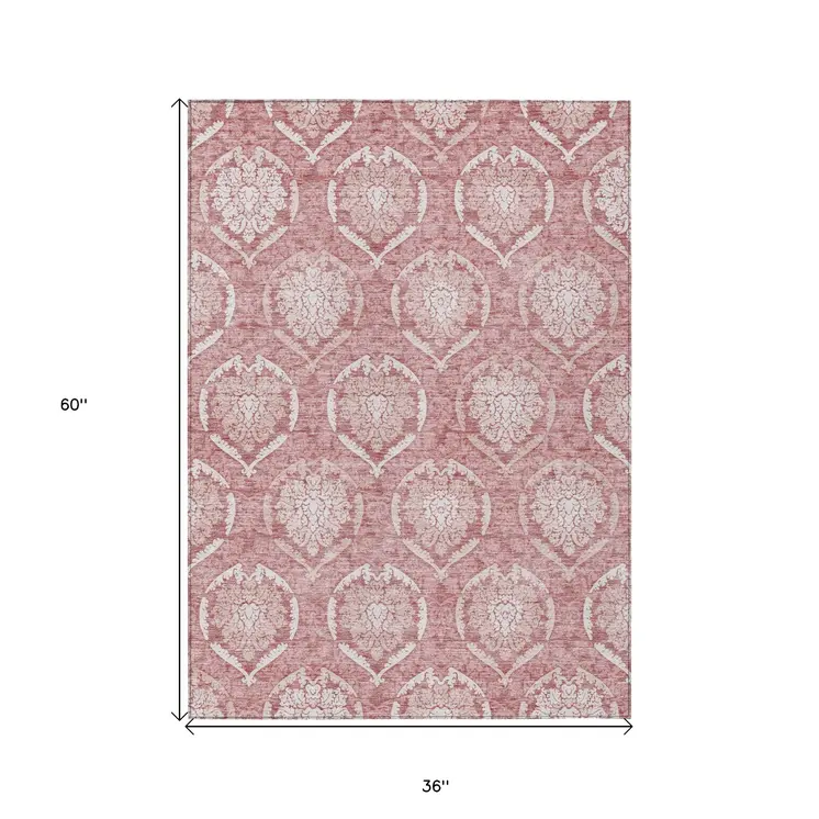3' X 5' Pink Blush And Ivory Medallion Washable Indoor Outdoor Area Rug
