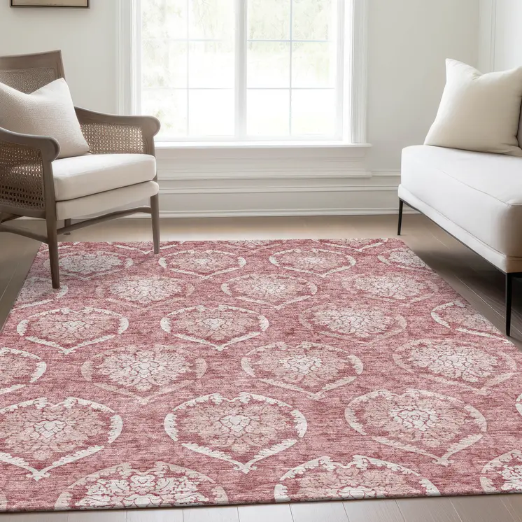 3' X 5' Pink Blush And Ivory Medallion Washable Indoor Outdoor Area Rug