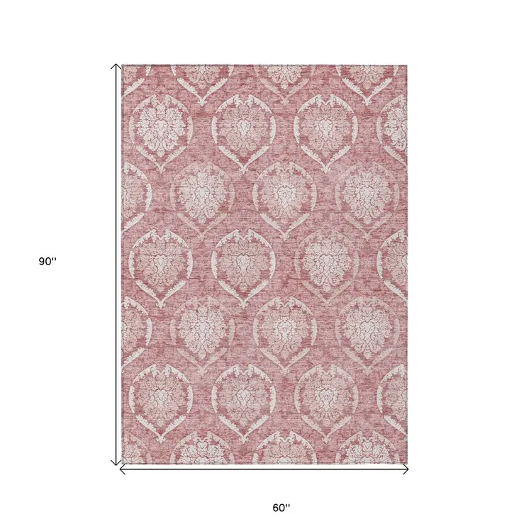 5' X 8' Pink Blush And Ivory Medallion Washable Indoor Outdoor Area Rug