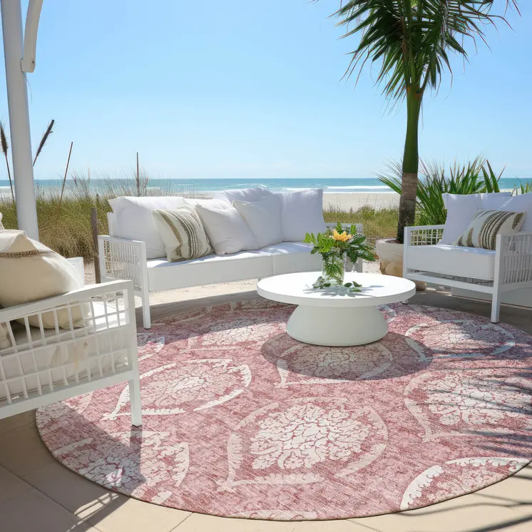 8' Pink Blush And Ivory Round Medallion Washable Indoor Outdoor Area Rug