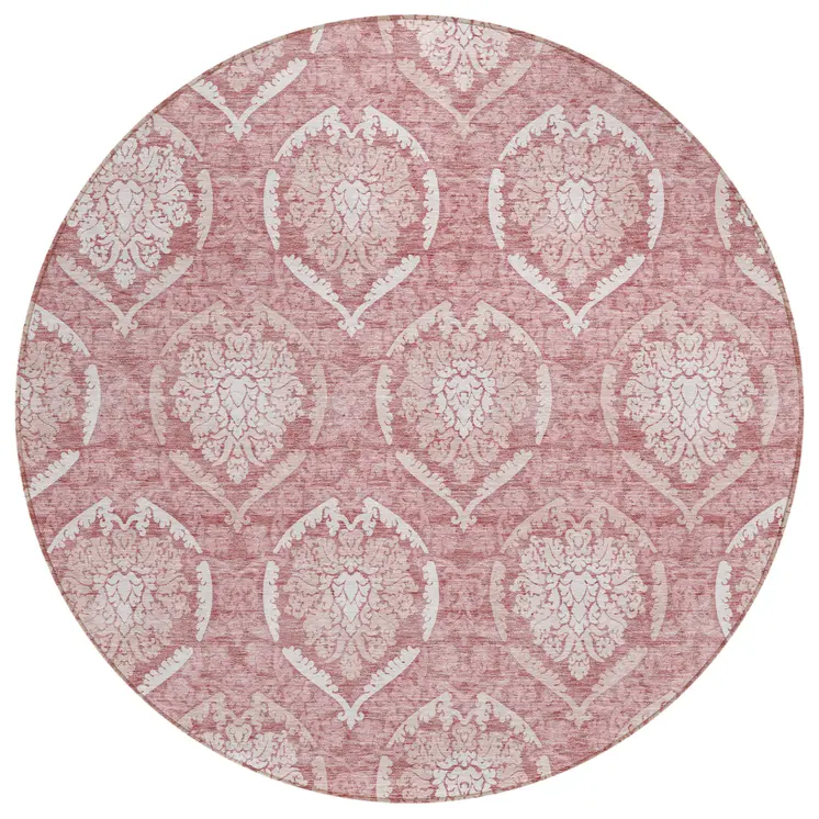 8' Pink Blush And Ivory Round Medallion Washable Indoor Outdoor Area Rug