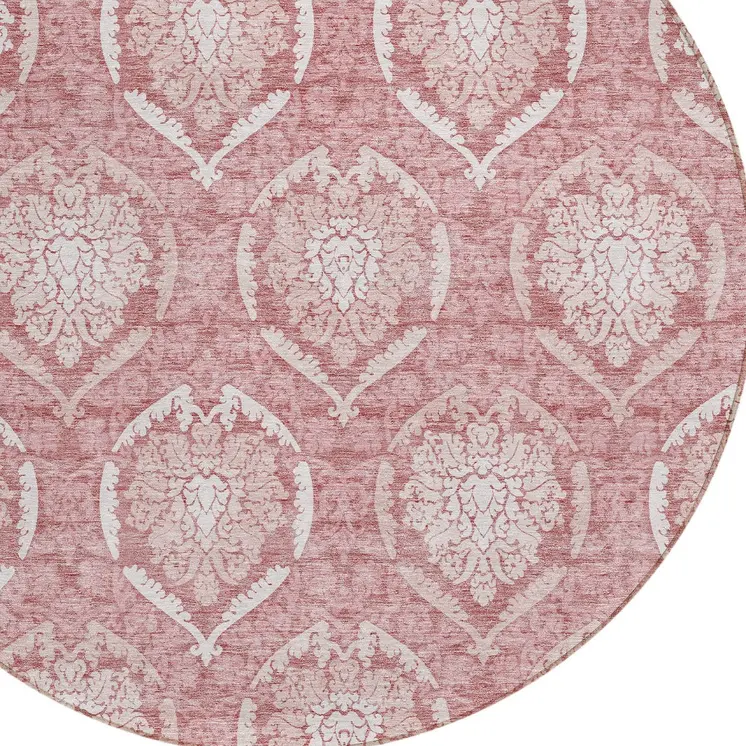 8' Pink Blush And Ivory Round Medallion Washable Indoor Outdoor Area Rug