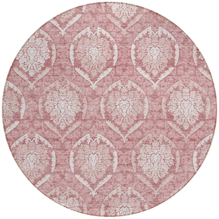 8' Pink Blush And Ivory Round Medallion Washable Indoor Outdoor Area Rug