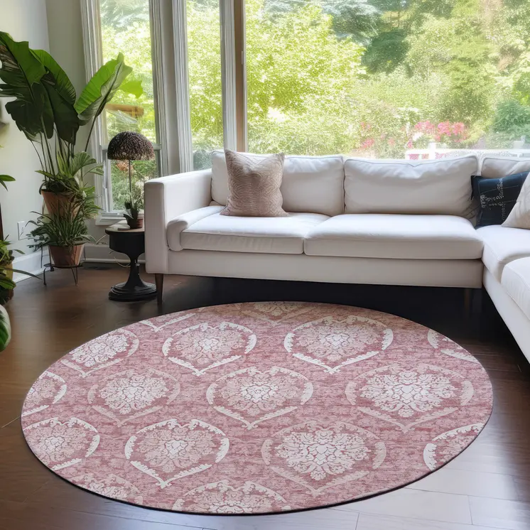 8' Pink Blush And Ivory Round Medallion Washable Indoor Outdoor Area Rug
