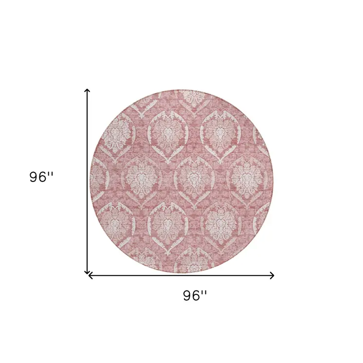 8' Pink Blush And Ivory Round Medallion Washable Indoor Outdoor Area Rug