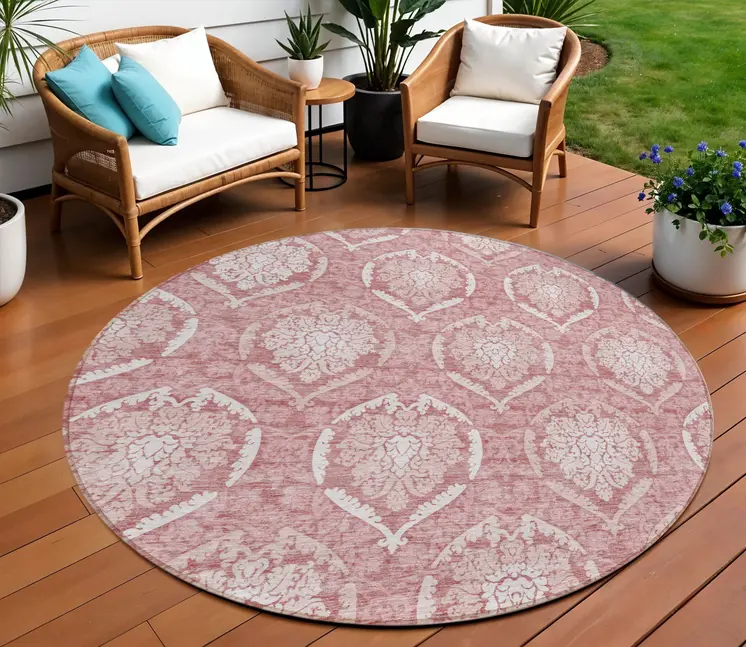 8' Pink Blush And Ivory Round Medallion Washable Indoor Outdoor Area Rug