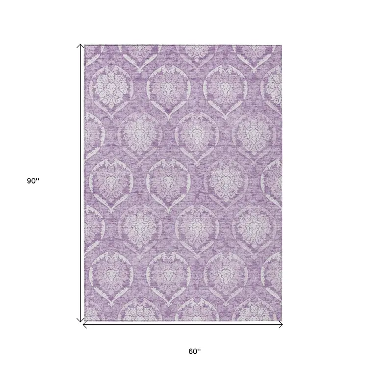 5' X 8' Plum Purple And Ivory Medallion Washable Indoor Outdoor Area Rug