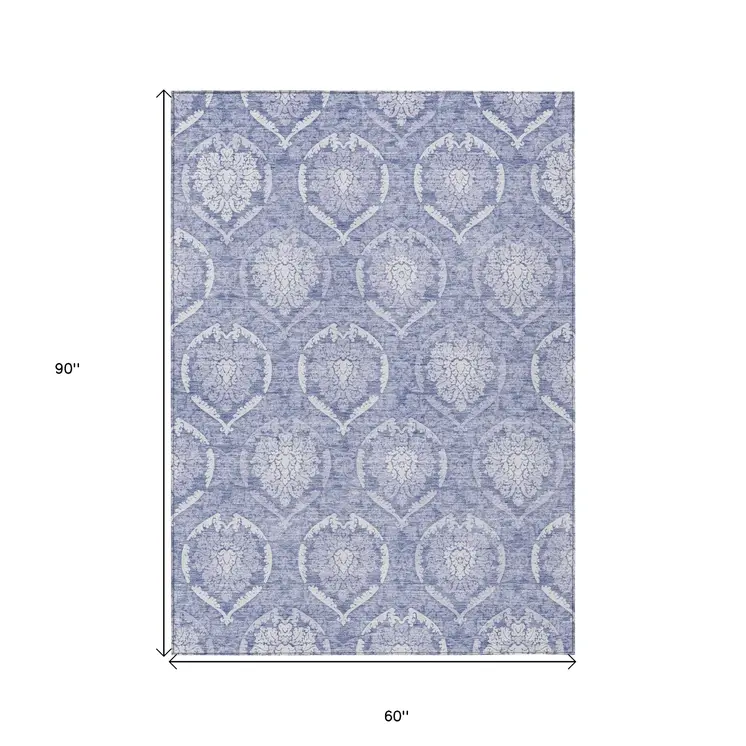 5' X 8' Sky Blue And Denim Blue Medallion Washable Indoor Outdoor Area Rug