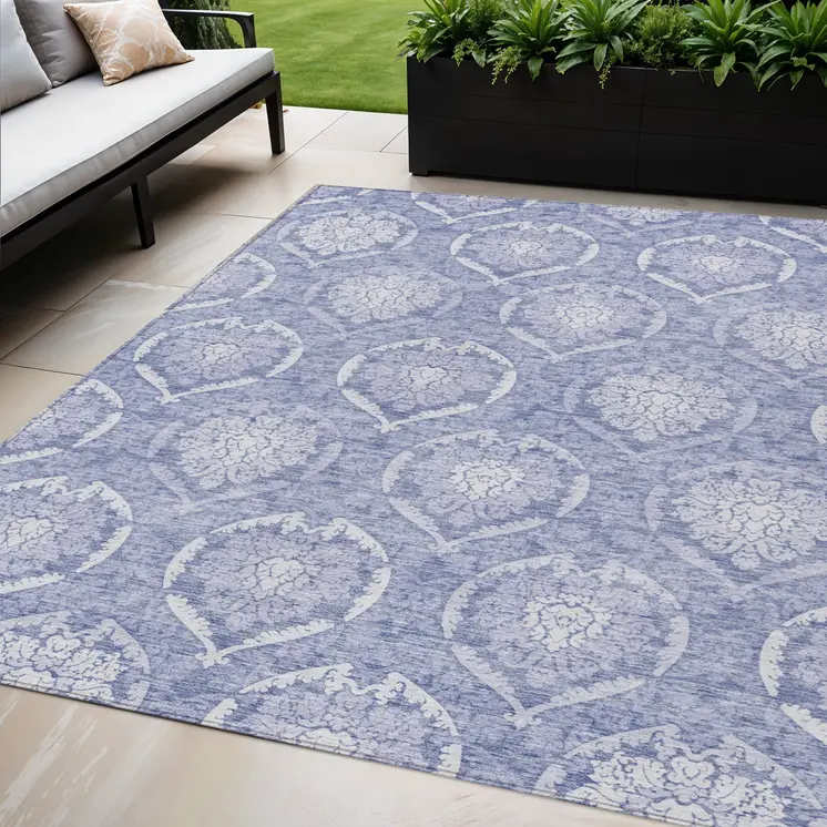 5' X 8' Sky Blue And Denim Blue Medallion Washable Indoor Outdoor Area Rug