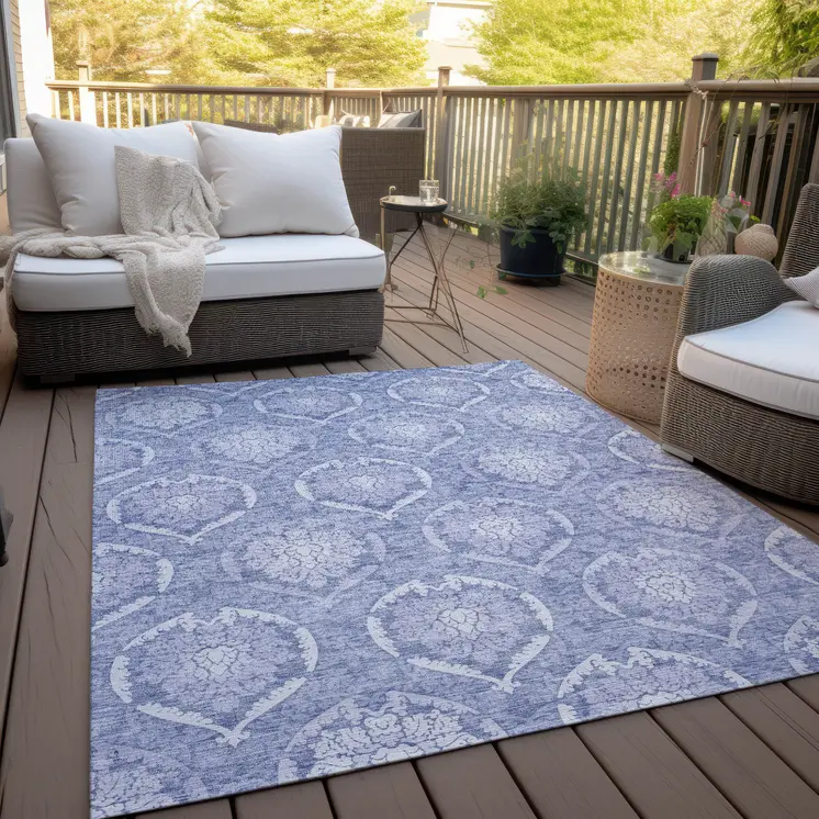 5' X 8' Sky Blue And Denim Blue Medallion Washable Indoor Outdoor Area Rug