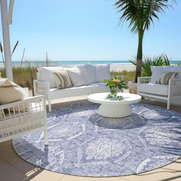 8' Sky Blue And Denim Blue Round Medallion Washable Indoor Outdoor Area Rug