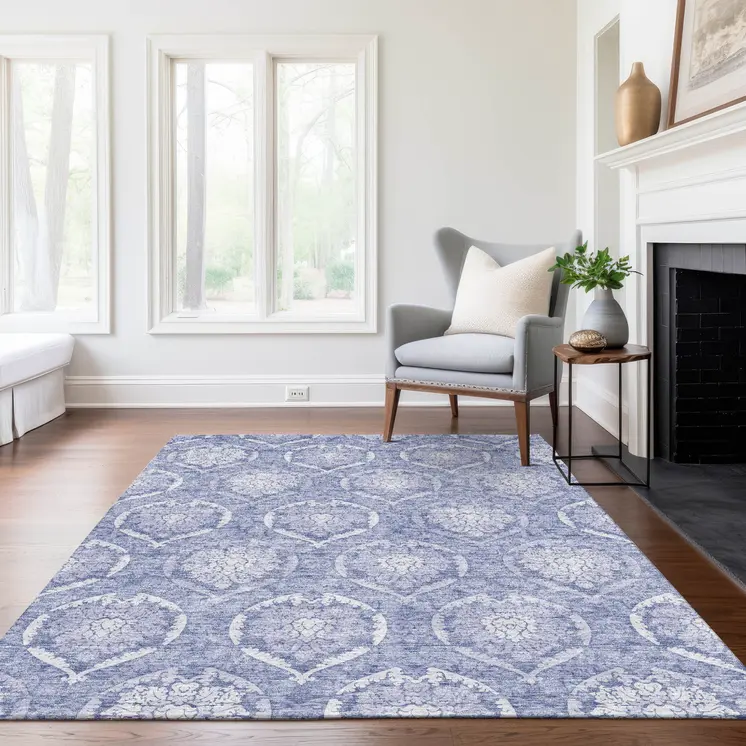 8' X 10' Sky Blue And Denim Blue Medallion Washable Indoor Outdoor Area Rug