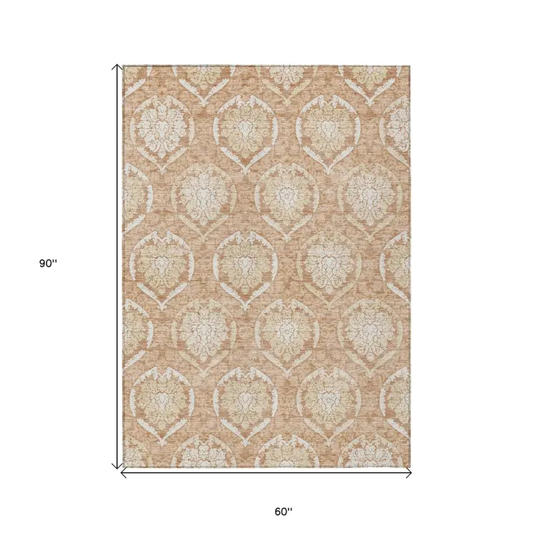 5' X 8' Salmon Copper And Ivory Medallion Washable Indoor Outdoor Area Rug