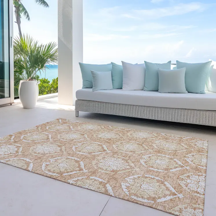 5' X 8' Salmon Copper And Ivory Medallion Washable Indoor Outdoor Area Rug