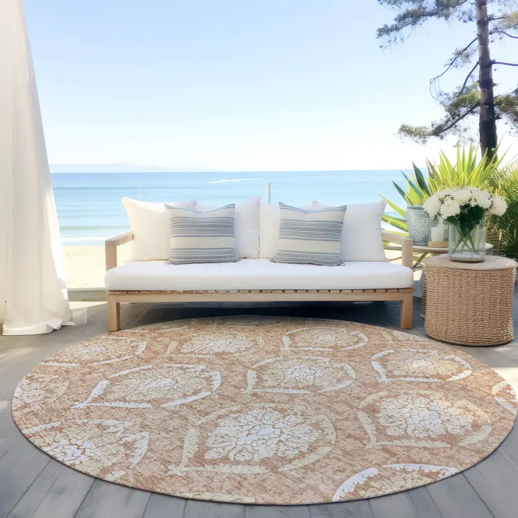8' Salmon Copper And Ivory Round Medallion Washable Indoor Outdoor Area Rug
