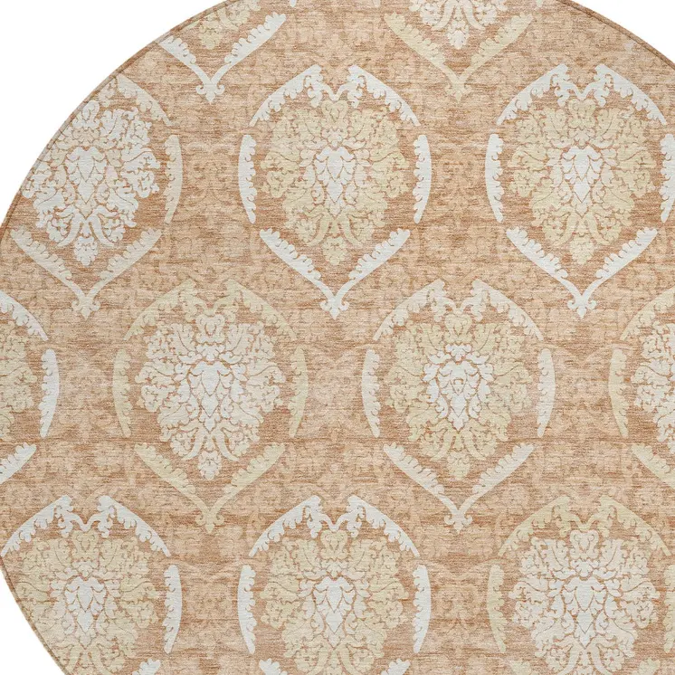 8' Salmon Copper And Ivory Round Medallion Washable Indoor Outdoor Area Rug