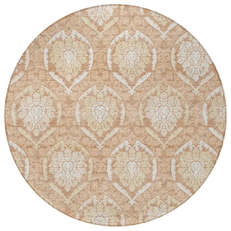 8' Salmon Copper And Ivory Round Medallion Washable Indoor Outdoor Area Rug