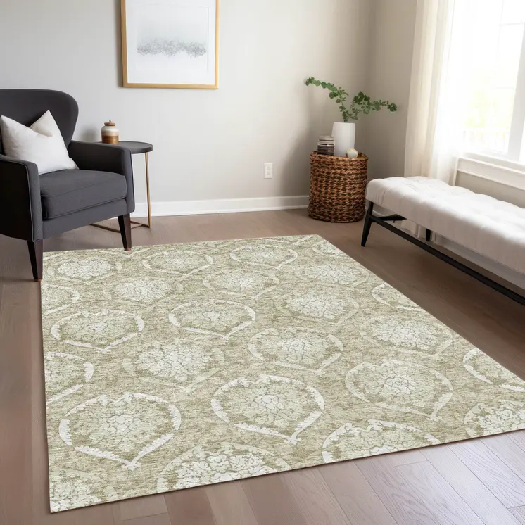 3' X 5' Tan And Beige Medallion Washable Indoor Outdoor Area Rug