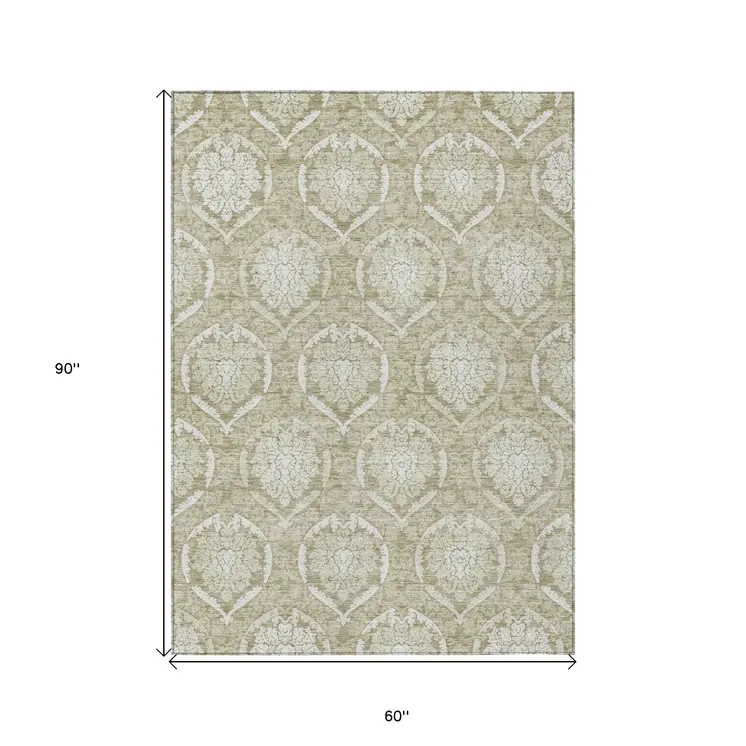 5' X 8' Tan And Beige Medallion Washable Indoor Outdoor Area Rug
