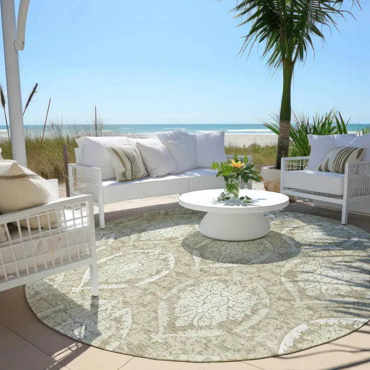 8' Tan And Beige Round Medallion Washable Indoor Outdoor Area Rug