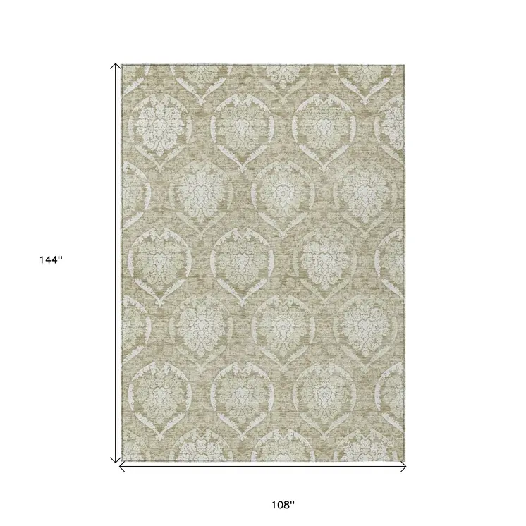 9' X 12' Tan And Beige Medallion Washable Indoor Outdoor Area Rug