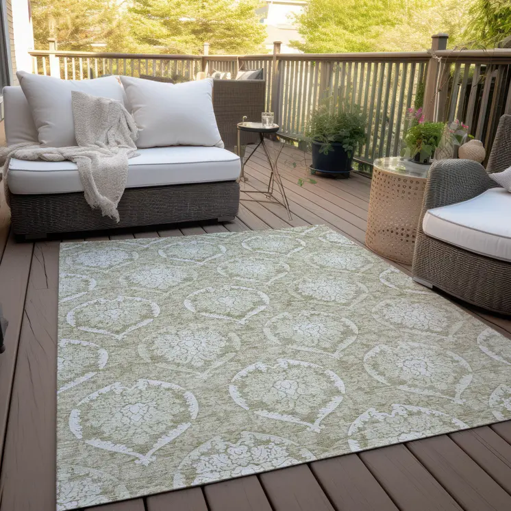 9' X 12' Tan And Beige Medallion Washable Indoor Outdoor Area Rug
