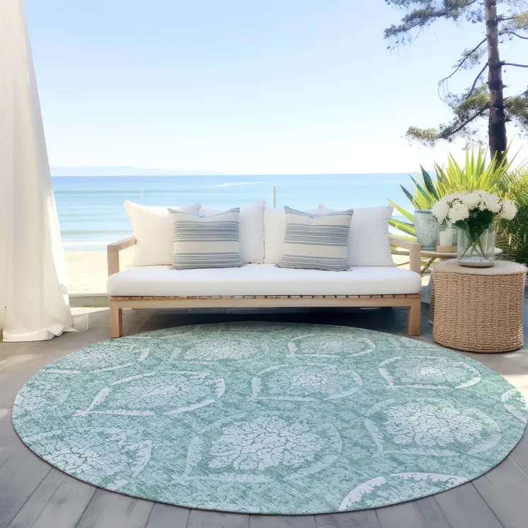 8' Turquoise Teal Blue And Ivory Round Medallion Washable Indoor Outdoor Area Rug