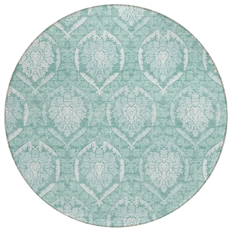 8' Turquoise Teal Blue And Ivory Round Medallion Washable Indoor Outdoor Area Rug