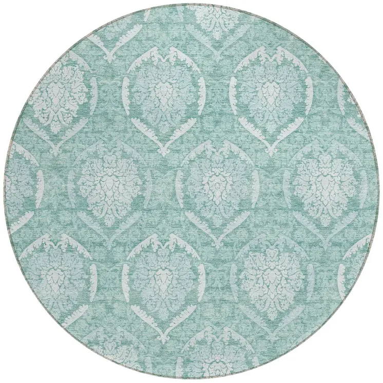 8' Turquoise Teal Blue And Ivory Round Medallion Washable Indoor Outdoor Area Rug