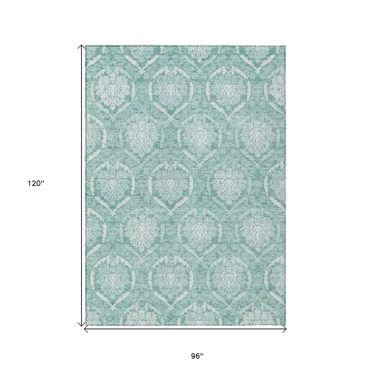 8' X 10' Turquoise Teal Blue And Ivory Medallion Washable Indoor Outdoor Area Rug