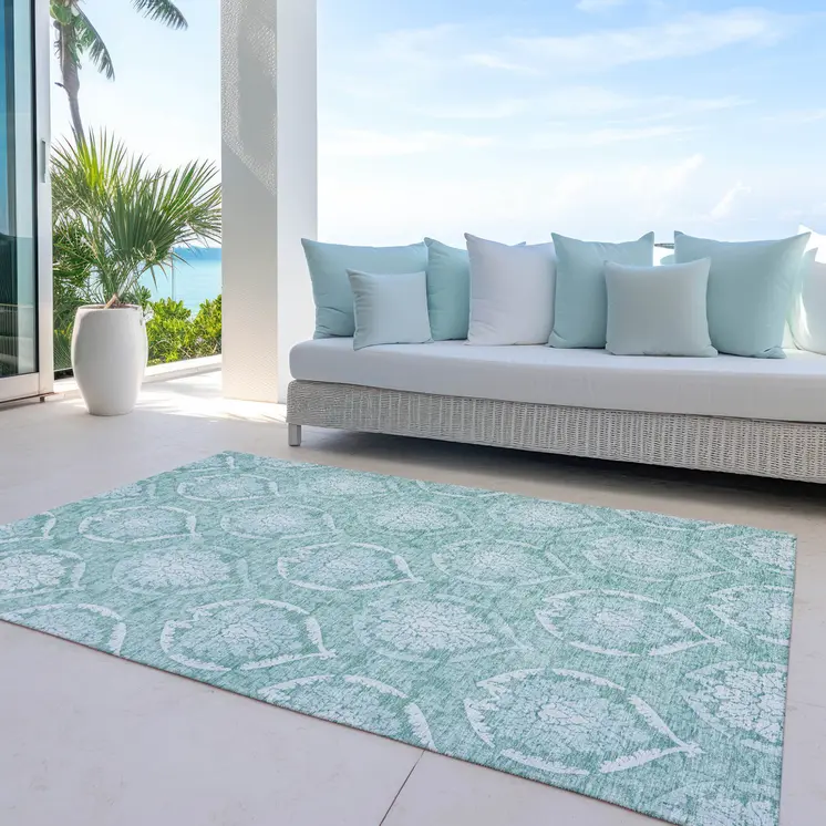 8' X 10' Turquoise Teal Blue And Ivory Medallion Washable Indoor Outdoor Area Rug