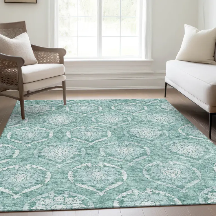 8' X 10' Turquoise Teal Blue And Ivory Medallion Washable Indoor Outdoor Area Rug