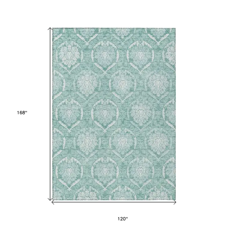 10' X 14' Turquoise Teal Blue And Ivory Medallion Washable Indoor Outdoor Area Rug