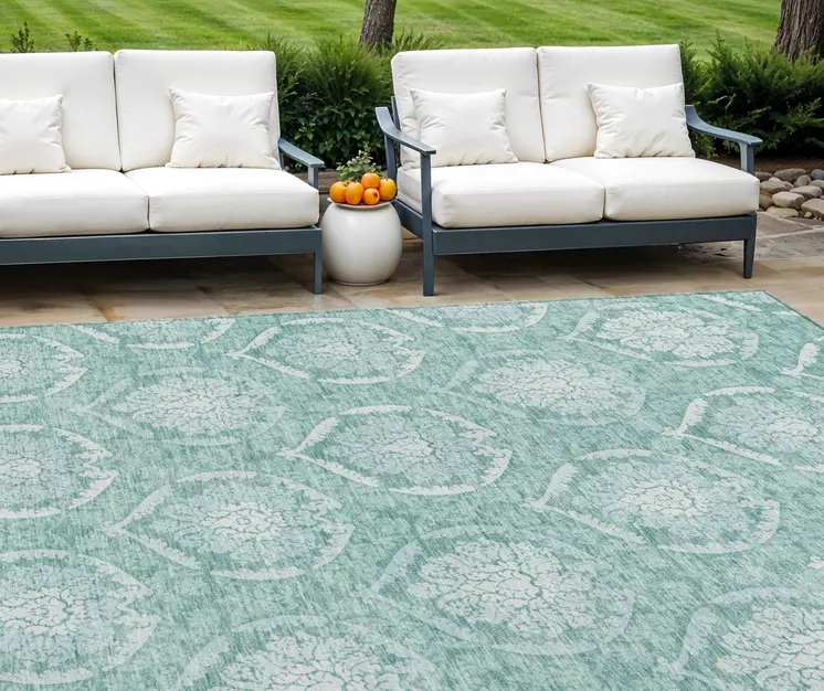 10' X 14' Turquoise Teal Blue And Ivory Medallion Washable Indoor Outdoor Area Rug